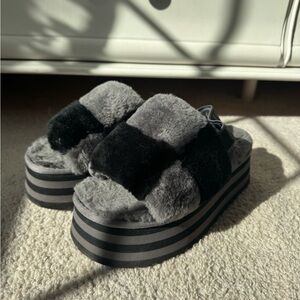 UGG Black and Gray Fluffy Platform Slippers